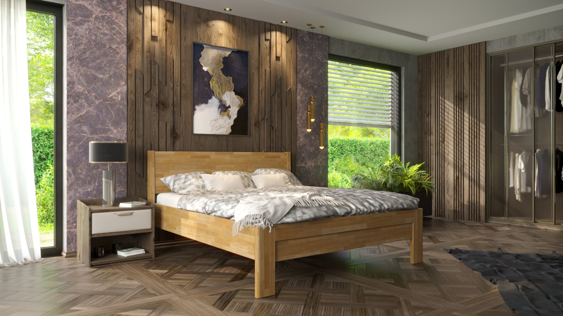Łóżko Lago z litego drewna z pełnym wezgłowiem