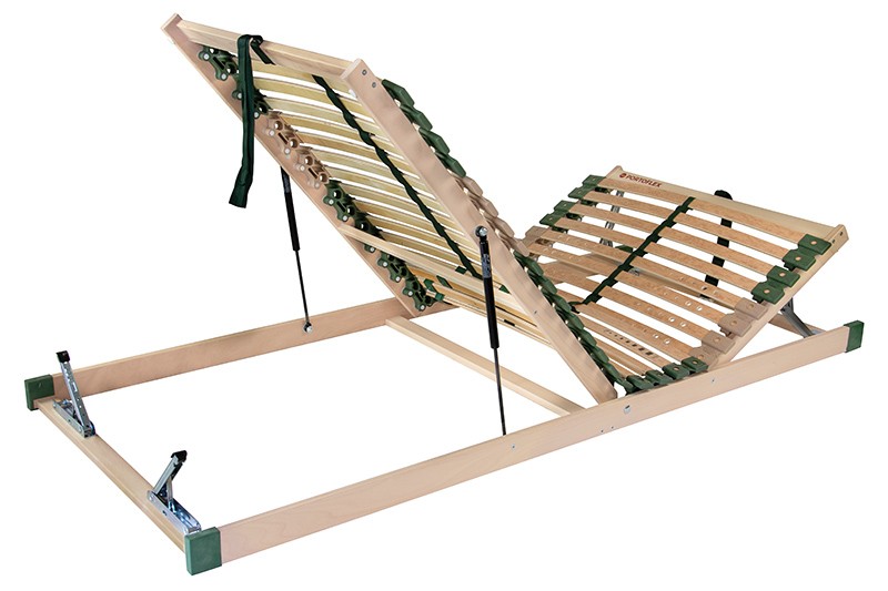 Ručně polohovatelný rošt s mechanickým zdvihem a vyklápěním nožní části pomocí pístu.