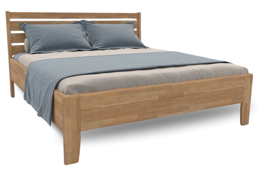 Postel Lugo v přírodním lesklém laku s elegantním čelem a pevnou konstrukcí je doplněna matrací Air Massage Memory 4.0, která zajišťuje relaxaci díky paměťové pěně a čtyřem úrovním tuhosti.